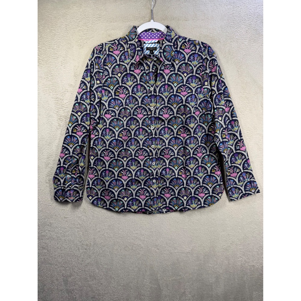 Talbots Button Down Shirt Womens MP Navy Multi Color Floral Damask Cotton Blouse